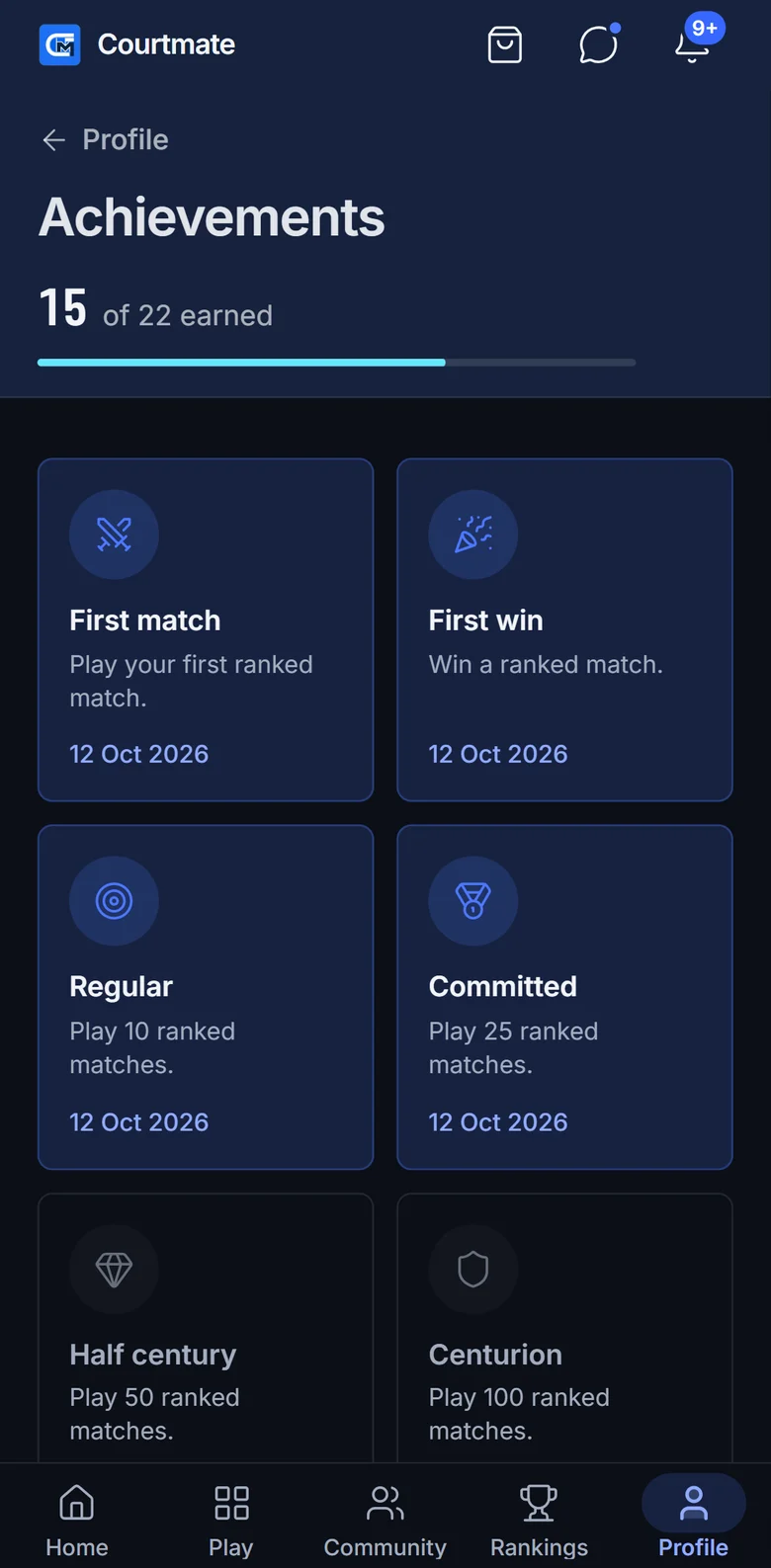The Achievements screen: the achievements a player has earned, and those still to earn.