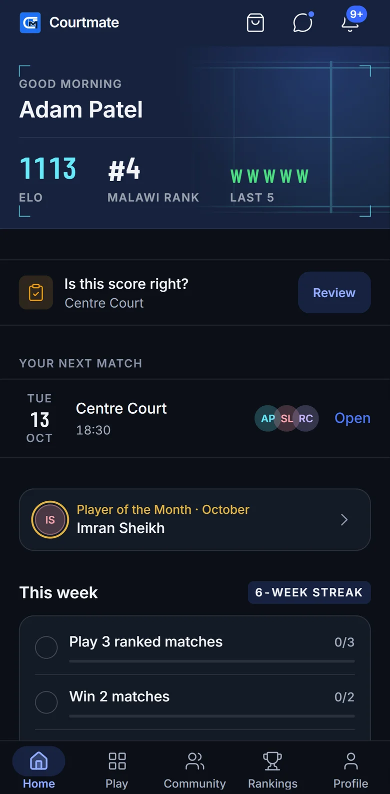 The Courtmate home screen: a player's Elo, Malawi rank, next match and this week's challenges.